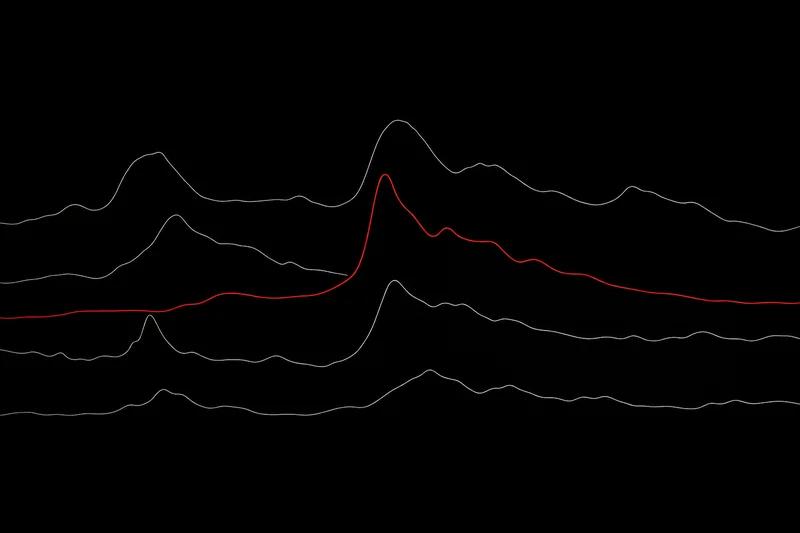 Engraved arterial pressure waveforms on a black field: one luminous red trace rising to a sharp systolic peak among fainter gray traces.